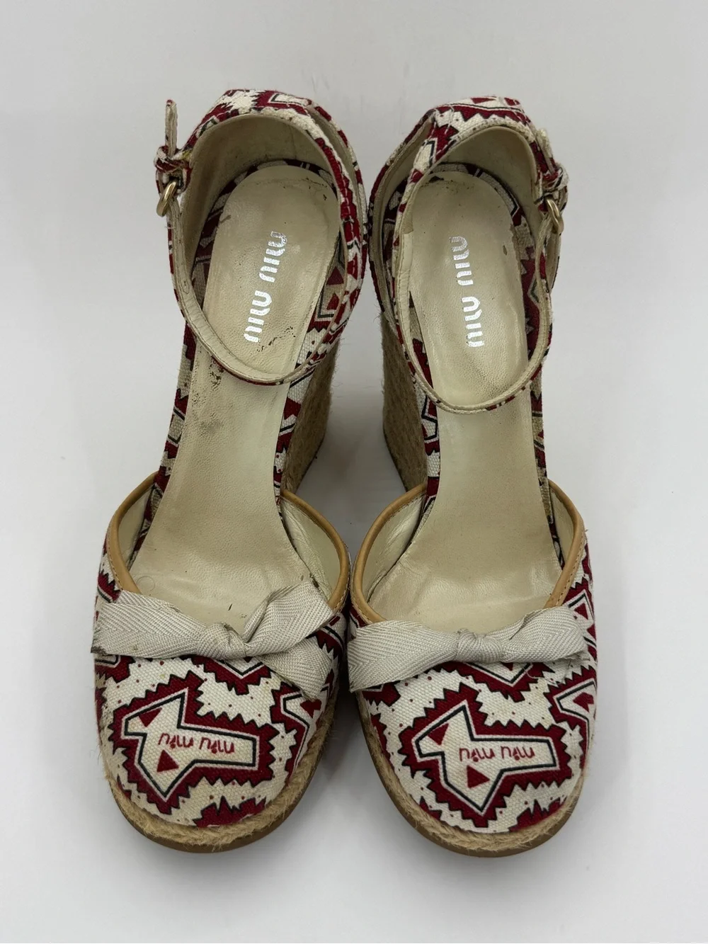 Miu Miu Slingback Wedge Espadrille Multicolor Logo Printed Canvas Ankle Strap 37